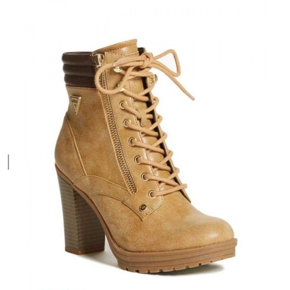 Guess Women’s Ginette Combat Boots Faux Leather In Dark Natural Size 9